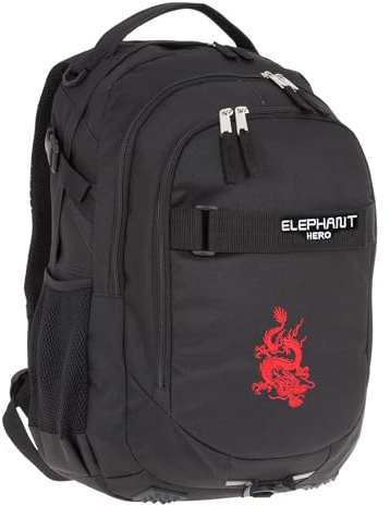 Elephant Schulrucksack HERO SIGNATURE Rucksack (Black Dragon Red 12645) | Mädchen Jungen Schule Schultasche Brustgurt Laptopfach Bodennoppen Organizerfach großes Hauptfach schwarz rot