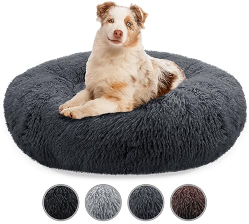 bluzelle Hundebett Große Hunde, 100cm Hundekissen Rund Donut Kissen Hundekorb Flauschig Plüsch, Ergonomisch Bezug Waschbar rutschfest Weich Kuschelig Kunstfell, Farbe:Dunkel-Grau