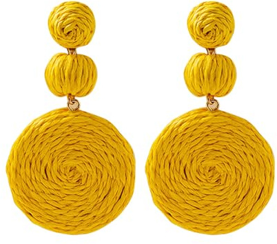 QKEPCY Pendientes de Ratán para Mujer y Niñas - Bohemios Vintage Pendientes de Borla de Ratán Trenzado - Pendientes Retro Geométricos para Viajes y Playa (Amarillo)