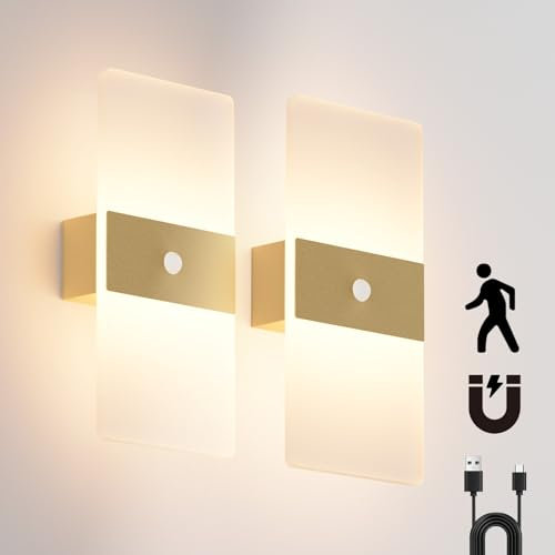 Coinmit 2 Stück Wandleuchte mit Bewegungssensor, 3000K, 4000mAh Akku Wandleuchte, Acryl Innenwandleuchte mit USB-Kabel, aufladbare Wandlampe für Flure und mehr.(Gold)