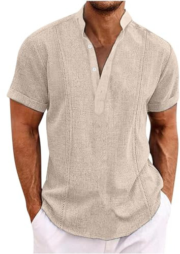 AMhomely Mens Shirts Long Sleeve Smart Casual Running Shirt Men Long Sleeve Short Beach Shirts Baggy Hawaiian V Neck Oversized Casual Pullover Summer Tops Holiday Khaki 3XL
