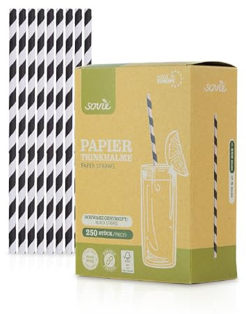 Mank Trinkhalme aus Papier, Papphalme, Papiertrinkhalme, Papier, Umweltfreundlich, Robust & Vielseitig einsetzbar, Strohhalme (250, Weiß-Schwarz, Ø 6 mm / 20 cm)