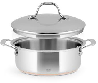 H&H Casserole basse en acier inoxydable et cuivre, 2 poignées, 22 cm, avec couvercle