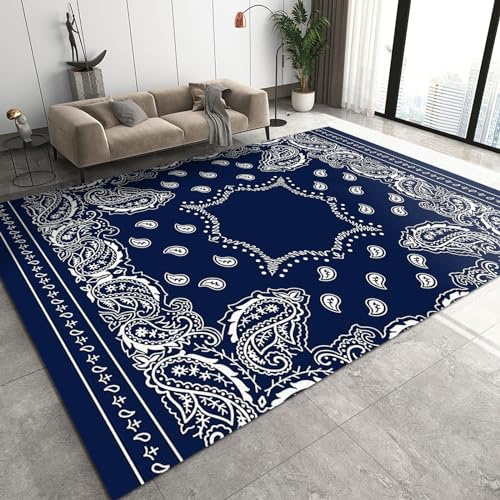WTVBHF Tapis Classique Bleu à Bordure De Fleurs Exotiques, Tapis Feuille De Palmier Dattier Ethnique Indien, Tapis Poils Courts, Adapté Au Bureau, à La Chambre à Coucher Et Au Salon-80x150cm