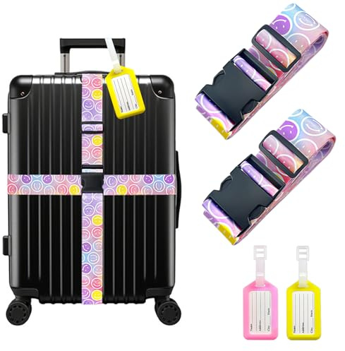 2PCS Luggage Straps & 2PCS Luggage Tags Set,Adjustable Luggage Suitcase Straps Personalised Straps for 20-34 in Suitcases Thicken Travel Packing Belt Suitcase Belts for Suitcase Baggage
