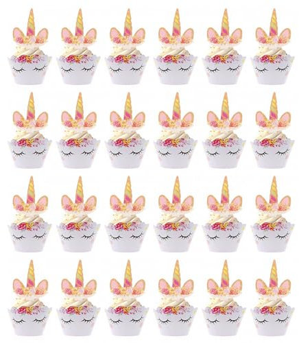JZK 24 pirottini e decorazioni per cupcake a forma di unicorno, corno e orecchie, per muffin e cupcake, decorazioni per feste di compleanno per bambini