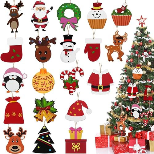 Adornos Navideños,20 Piezas Adornos Navideños Arbol,Adornos Navidad Madera,Decoracion Arbol Navidad Madera con cordón Papá Noel, muñeco de Nieve y Otros Motivos Diferentes