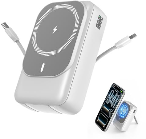 Magnetic Wireless Power Bank 26800mAh, PD 22.5W Type-C Fast Charging Portable Charger 5 Outputs, Battery Pack for Magsafe Built in Cables with Stand LED Display for iPhone 17/16/15/14/13/12 -White