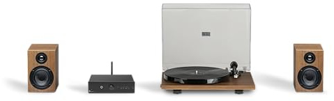 Pro-Ject Set estéreo E Phono, para principiantes, HiFi estéreo, con tocadiscos, amplificador, altavoz y cable (nogal/negro/madera)