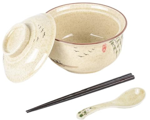 Henrrida Ramen Bowl Set Vintage Ceramic Noodle Bowl with Lid Japanese 800ml with Chopsticks and Spoon for Soup Pasta Salad Cereal Snack Large Bowl