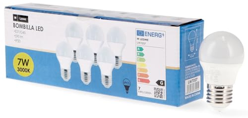 M Ledme - Pack 6, Bombilla Led E27 G45 7W, Luz cálida (3000k), casquillo E27, 630 Lumen, IP20, Apertura del Haz de Luz 200°, Eficiencia energética y Bajo Consumo. LM7606