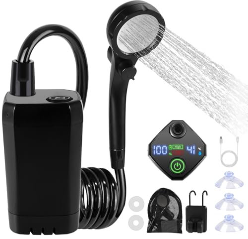 GROWNEER Portable Camping Shower with 6000mAh Rechargeable Battery Water Pump & LED Display, Waterproof Outdoor Travel Hiking Shower Kit for Pet (Black)