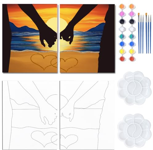 WEBEEDY 2 Packs Hands Theme Pre Drawn Canvas for Painting, 8x10 Inch Sunset Paint and Sip Kit for Adults Couples, Party Supplies Anniversary Wedding Valentine's Day Gift Home Decor, 20x25cm