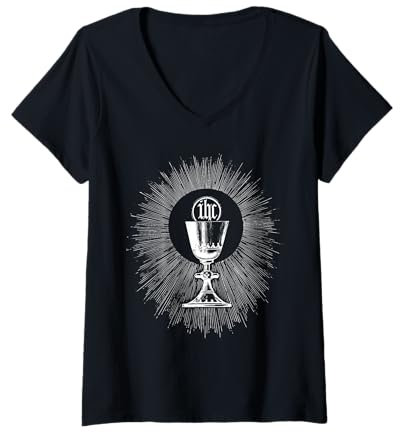 Femme Calice messe catholique Eucharistie Première Communion T-Shirt avec Col en V