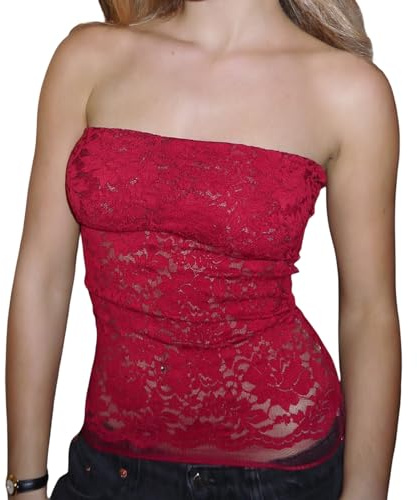 Carolilly Bustier Tube Top Femme Dentelle Floral Corset Bralette d'été Y2K Sexy Sleeveless Slim Tank Bustier Party Chemise Bandeau Streetwear (Rouge, S)