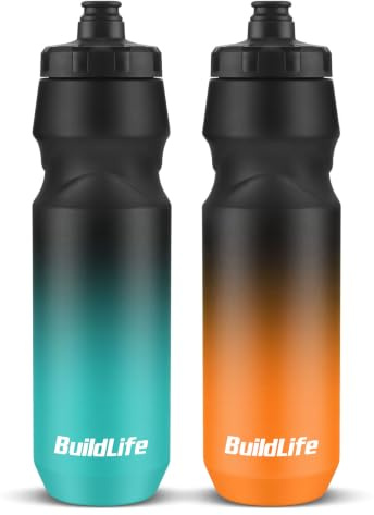 BuildLife 2 Pack Sports Water Bottle, 1000ML Squeeze Water Bottle, Biking Water Bottles, BPA Free & Leakproof Cycling Bottles for Hiking, Outdoor Sports Dishwasher Safe (1L-BlackBlue+BlackOrange)