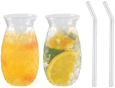 Boarle Pineapple Cup Cocktail Glasses Set of 2 Creative Embossed Drinking Glasses with Straw 500ml Highball Glasses Ideal for Juice Milkshake Soda Ice Coffee Dishwasher Safe