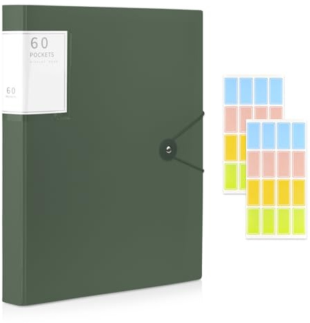 A4 Display Folder, 60 Pockets Display Book Folders, Presentation Folders with Plastic Sleeves & Safety Rope, Suitable for Documents, School, Office & Business Project Use (Green)