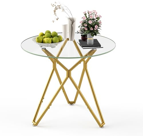 35.4-inch Round Tempered Glass Dining Table for 1-4 People, Space-Saving Small Dining Table with Sturdy Metal Legs, Modern Gold Accent, Ideal for Dining Room, Living Room, and Kitchen (Product D)