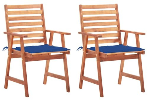 Qnhdfrt Gartenstühle 2er Set mit Blau Kissen Massivholz Akazie Outdoor Stühle für Garten Terrasse Balkon Modern Robust Langlebig Wetterbeständig