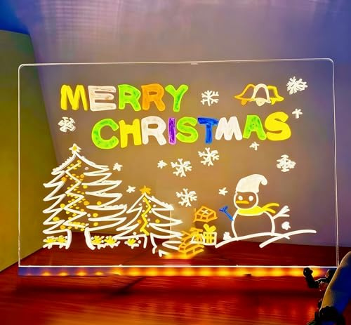 LED Magic Board with 7 Colors Pen, 30x20cm Magic Board for Kids Writing Message, Acrylic Drawing Board Light Up Dry Erase Doodle Desktop Memo Glow Wordpad with Stand School Cafe Home Office Christmas