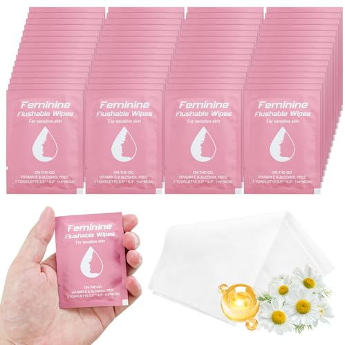 50 Feminine Wipes Flushable Travel Individually Wrapped | Travel Wipes for Women,Feminine Care Wet Wipes Travel Size Vaginal Wipes for Adult,Girl and Homeless(Chamomile)
