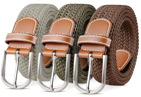Cinturones para hombre, paquete de 3 unidades, cinturón elástico trenzado para hombre, cinturón elástico casual con hebilla para hombres y mujeres, pantalones tejidos, 105 cm (marrón, caqui, caqui