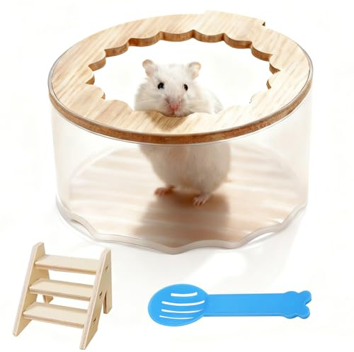 Behogan Hamster - Contenitore per criceti, sabbia trasparente, per bagno di sabbia, per criceti con scala e pala, scaletta per criceti, criceti o piccoli animali domestici (a forma di fiore)