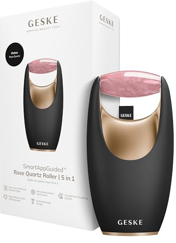 GESKE Rose Quartz Roller | 5 in 1 | Face Yoga | Aus Rosenquarz | SmartAppGuided | Massagen für Gesicht, Hals & Dekolleté | Anti-Aging | Anti-Schwellungen | | Handliches Design