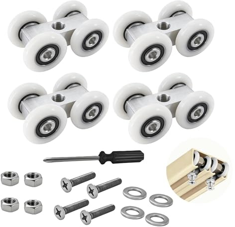 Rotelle per porte scorrevoli Rotelle per porte scorrevoli – Ruote per porte scorrevoli con 4 ruote, filettatura M6, Ø 2 cm, per porte da doccia, porte scorrevoli in vetro, finestre silenziose e