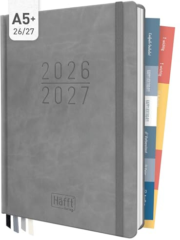 Häfft® Lehrer-Planer 2026/2027 im A5+ Format Grey Edition | Praktischer Lehrerkalender & Schulplaner mit Hardcover, 4 Lesebändchen, Stickern, Notenlisten & vielem mehr!