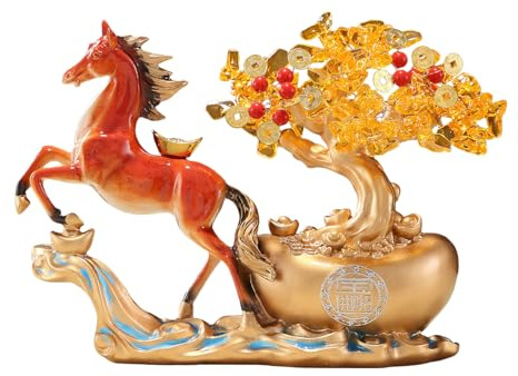Nyårs hästfigur - 11,42 x 8,66 x 3,94 tum Pengar Träd, Bordsskulptur för välstånd | Häst dekorativ staty för bokhylla, fönsterbräda, bokhylla, möbel, toalettbord, c