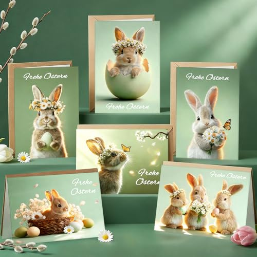 GluckGeschenk 12er Osterkarten mit Umschlag, Frohe Ostern Aufklappbare Osterkarte, mit Osterhasen & Ostereiern Design, für Familie, Freunde & Kollegen