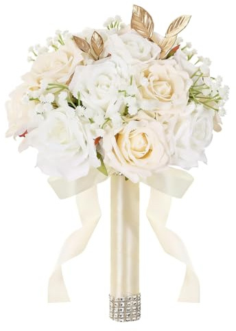 Pyopbow Wedding Bouquets for Bride & Bridesmaid, 9 Inch Artificial Rose Bridal Bouquet, Ivory White & Champagne Silk Flowers for Wedding Ceremony, Church, Party Decoration (White Champagne)