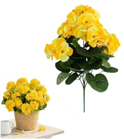 HFDHD Artificial Geranium Flowers for Outdoors Uv Resistant Garden Plants Faux Flowers,Realistic Silk Geraniums Fake Flower,Outside Home Garden Balcony Yard Porch Decor (Yellow,3 Bundles)