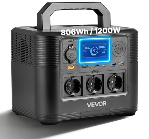 VEVOR Station Électrique Portable 1200 W Générateur Solaire Portable 806 Wh Batterie Secours LiFePO4 pour Urgence Domestique, Camping, Voyage Camping-car, 9 Ports de Sortie, Panneau Solaire Non Inclus