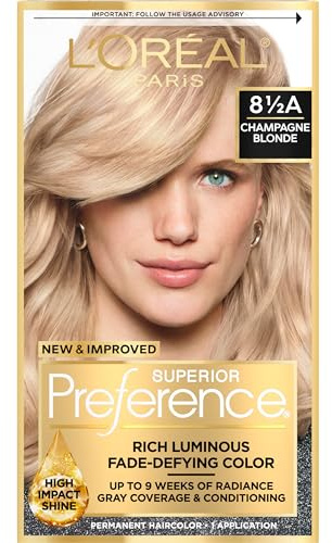 L'Oreal Paris Superior Preference Luminous Fade-Defying Permanent Hair Color, Hair Dye For Up to 9 Weeks of Radiance, Champagne Blonde 8.5A, 1 Hair Dye Kit