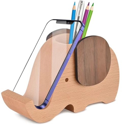 AhfuLife Premium Wooden Elephant Pen Phone Stand Stationery Gifts for Women, Christmas Decoration Gifts for Women, Desk Decoration Pencil Pen Pot Presents for Xmas Birthday Gift (Beech&Walnut)