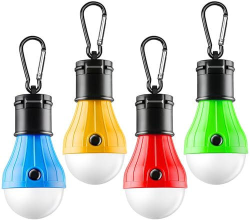 FLY2SKY Portable LED Tent Lamp, Clip Hook Hurricane Emergency Light Bulb, Camping Equipment Lanterns for Hiking, Backpacking Outage, B-CLOSED-HOOK, 4 Packs