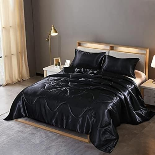 Holawakaka Solid Satin Silk Like Quilt Set Luxury Ultra Soft Silky Comforter Pillowcase Queen Size Bedding Set (Black)