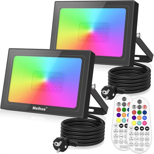 MEIHUA 25W RGB LED Strahler 2 Pack mit Fernbedienung, IP66 Wasserdicht RGB Fluter Farbwechsel 10Farben 12Modi Außenstrahler Flutlicht mit Timer Memory Funktion für DJ Disco Garten Baum Landschaft