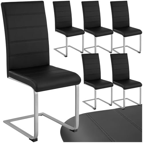 tectake Freischwinger Schwingstuhl, Stuhl 6er Set, Moderne Esszimmerstühle oder Küchenstühle mit strapazierfähigem Kunstleder Bezug - schwarz