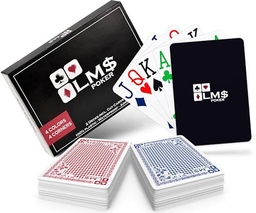 LM$ Pokerkarten Plastik Profi 4 Eckzeichen 4 Farben mit Cut Card - [2 x] hochwertige Pokerkarten 54 Blatt - wasserfeste und stabile Spielkarten im Doppelpack – Plastikkarten mit Jumbo Index