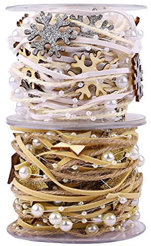 2 Rollen Weihnachten Schneeflocke Band 5 Mt Stern/Perlen Dekoband Weihnachten Handgemachte Fünfeckige Sterne Perlenkette Band schnur Perlen DIY Wired Weihnachtsbaum Dekoration Band geschenkverpackung