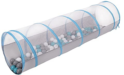 Selonis Spieltunnel Für Kinder Mit 100 Bälle Pop Up Krabbeltunnel Mit Bällen Drinnen Und Draußen, Grau-Blau:Grau/Weiß/Türkis