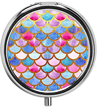 Metall Pillendose Rund, 3 Fächer Tragbare Reise Pille Tablet Container Pillenbox, 50mm Mini Pillenetui Medikamentenbox Organisator Rosa blaues Fischschuppenmuster