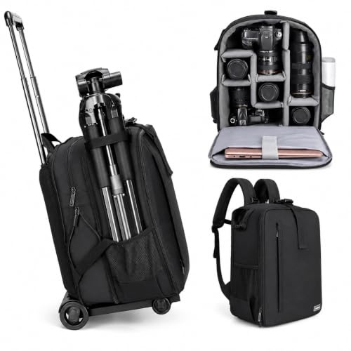 Cwatcun Camera Backpack Trolley Case Bag with Tripod Holder Anti-Theft Waterproof Camera Bag fits 15.6' Laptop for Canon Nikon Sony DSLR SLR Camera for Women Men Photographer(5.0 Black, Large)