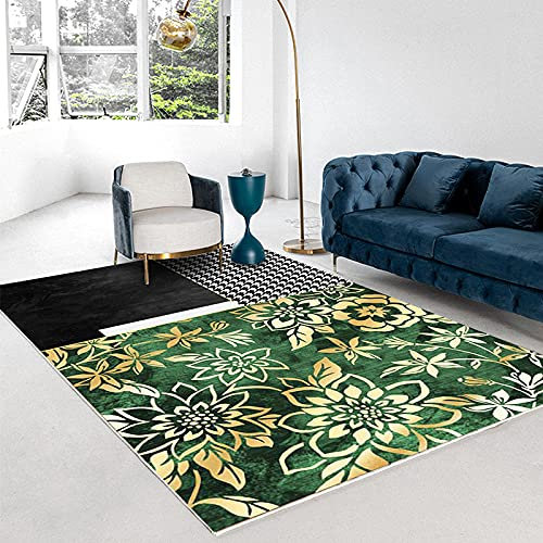 Klassischer Orientteppich, Goldblumen, Schwarze und grüne Nähte, Kurzflor Waschbarer Anti-Rutsch Ornamente Muster Teppich 150 x 200 cm