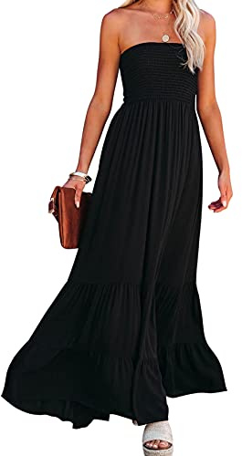 R.Vivimos Estate Donna Senza Spalline Bandeau Shirred Boho Maxi Vestito Abito Lungo da Spiaggia(S,Black#2)