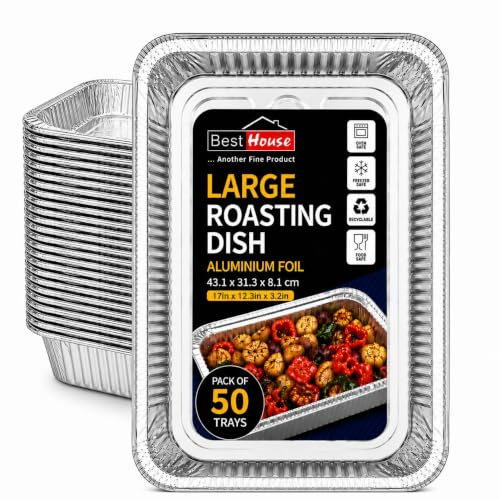 BH | Large Aluminium Foil Baking Trays | 43.1 x 31.3 x 8.1 cm | 50 Pack | Heavy-Duty, Oven Safe, Recyclable, Disposable Roasting Pans for Baking, Cooking, Catering & Food Preparation